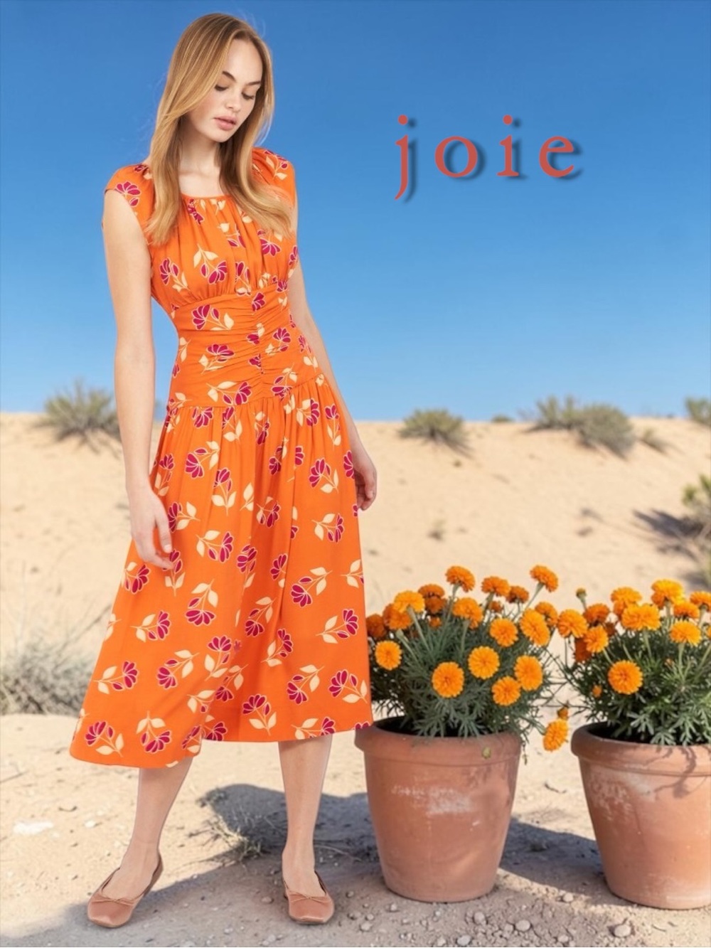 NWT Joie Honora Midi Dress Orange Floral Ruched Drop Waist Size 4 🍊